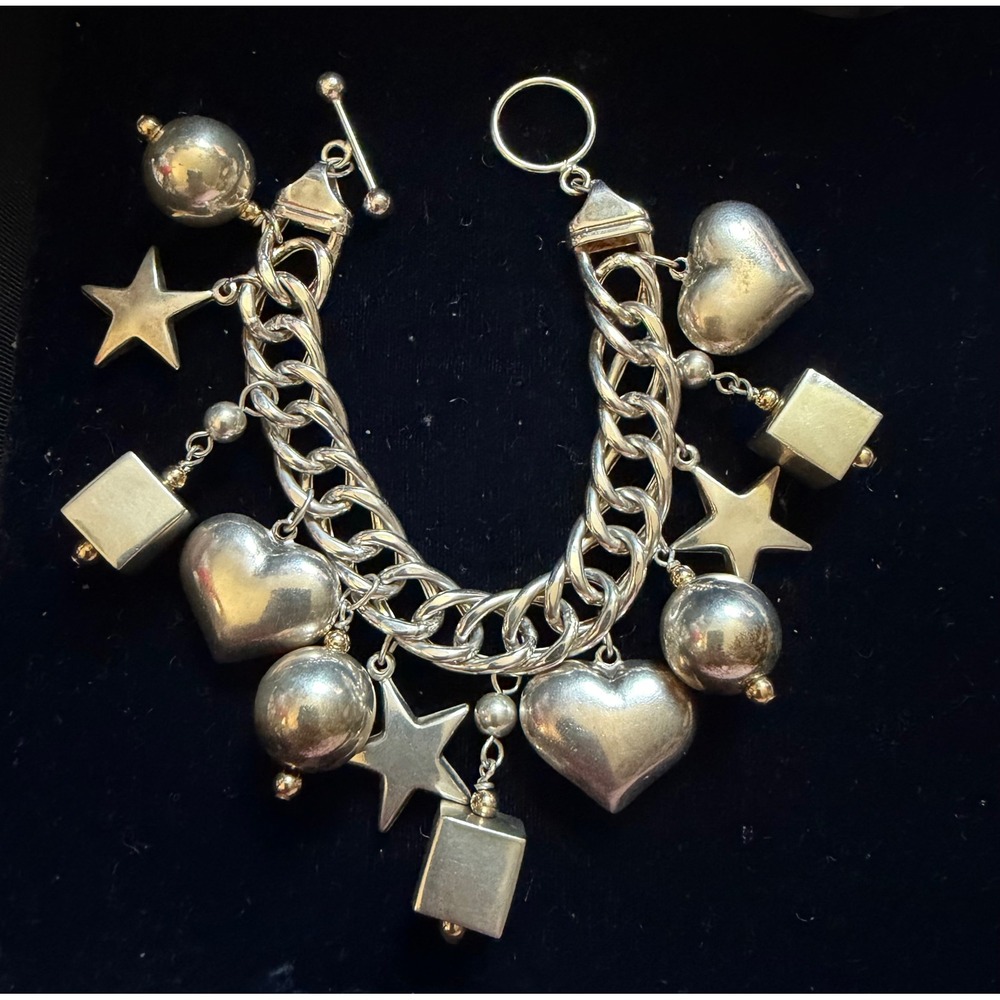 Vintage Sterling Silver Chunky Puffy Charm Bracelet Stars Hearts